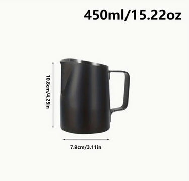 Black milk pitcher with measurements on a white background